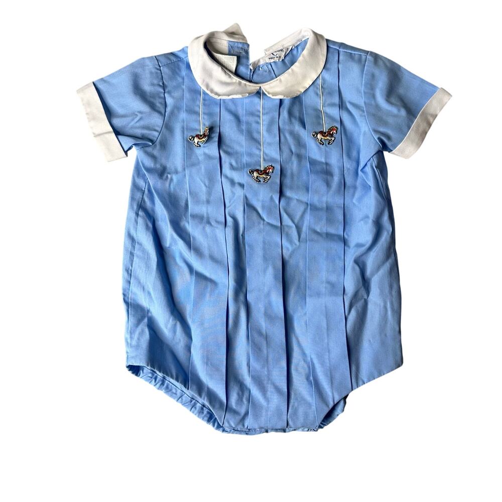 Nanette Baby Vintage Bubble One Piece Horse Carousel Size 6-9 Months Blue